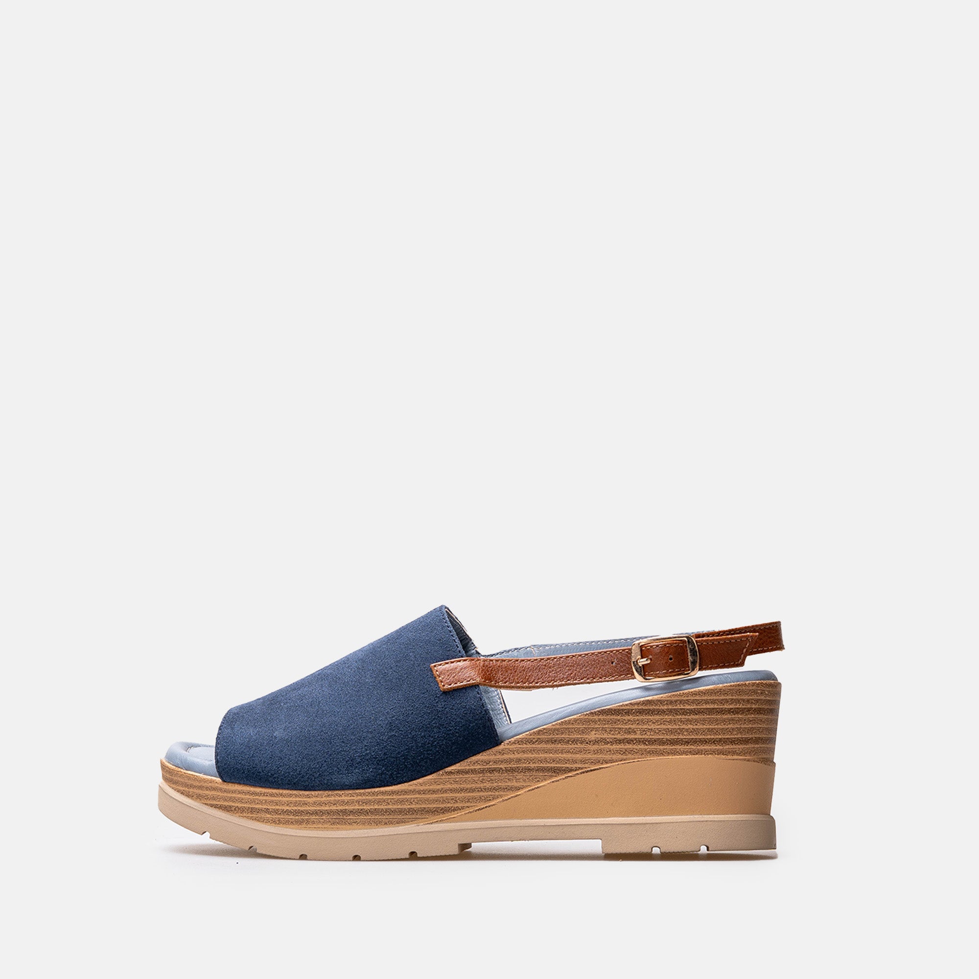 Sandale pour femme en cuir et raphia bleu - RAQUEL PEREZ - Talon