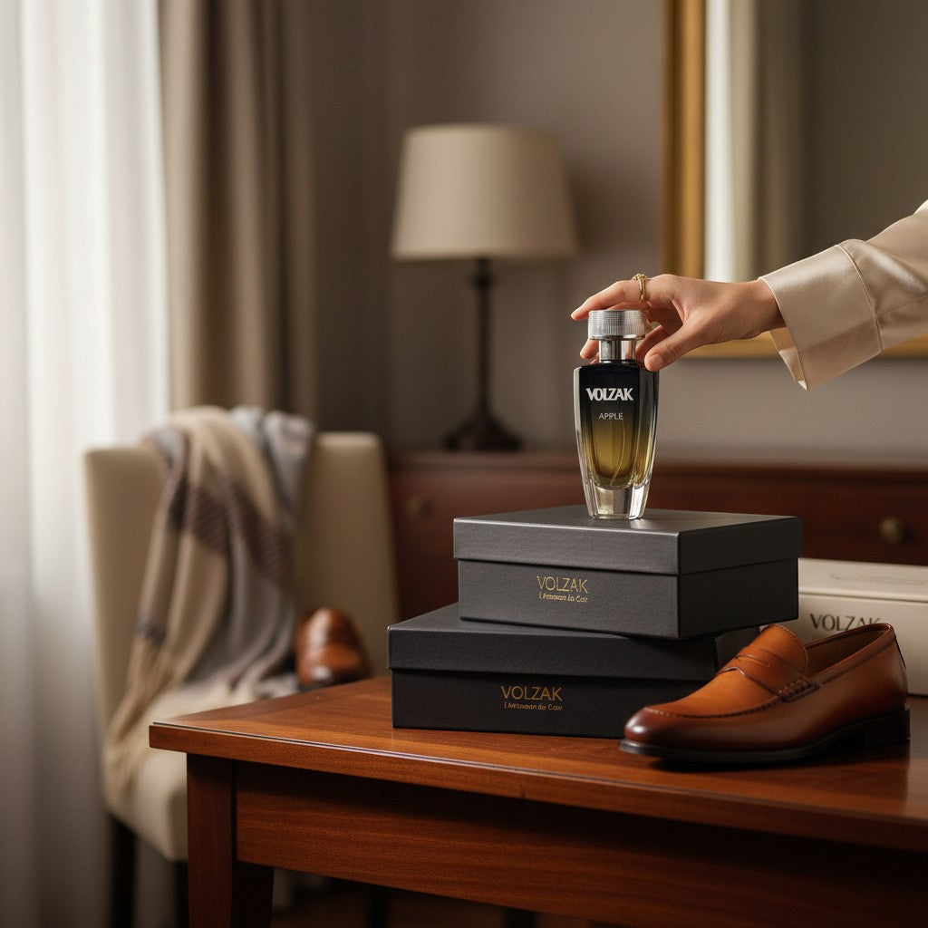 VOLZAK Apple 50ml men's fragrance bottle with green apple and amber wood notes, presented with luxury gift boxes and leather loafers.