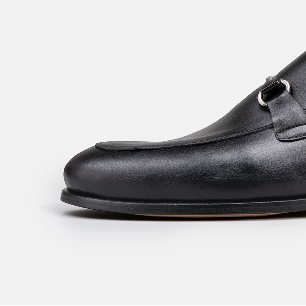 VOLZAK 5434 black leather loafer with a silver metal bit detail and smooth leather finish