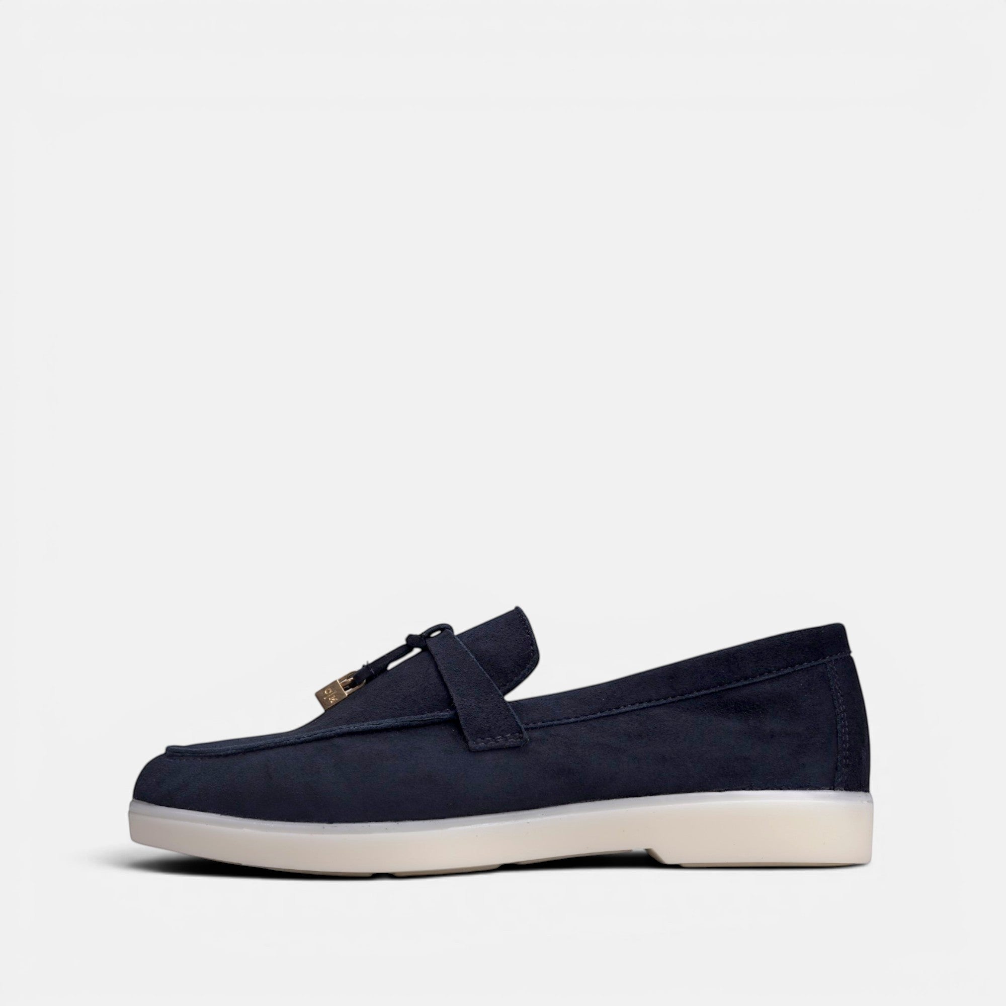 VOLZAK blue suede moccasin with leather lining and white rubber sole, side view