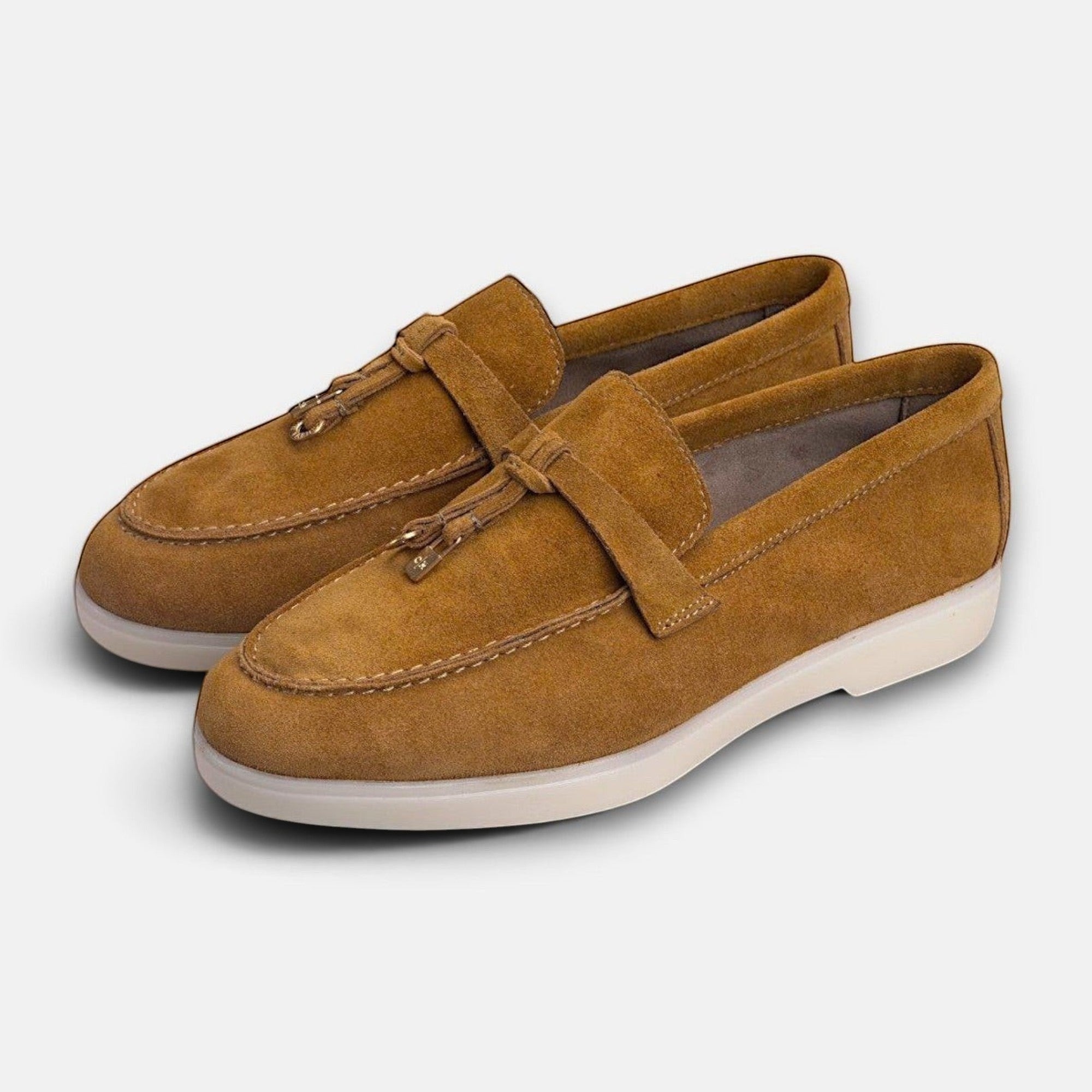VOLZAK camel suede moccasins with tassel detail and white rubber sole