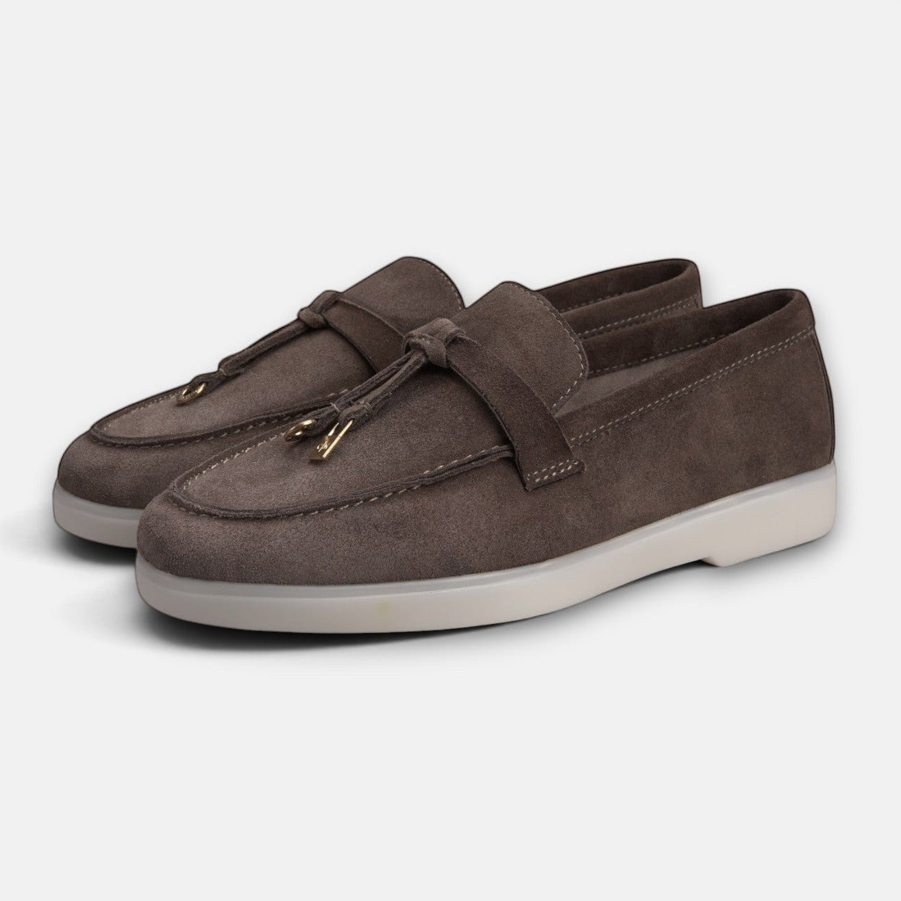 VOLZAK dark taupe suede moccasins with tassel detail and white rubber sole