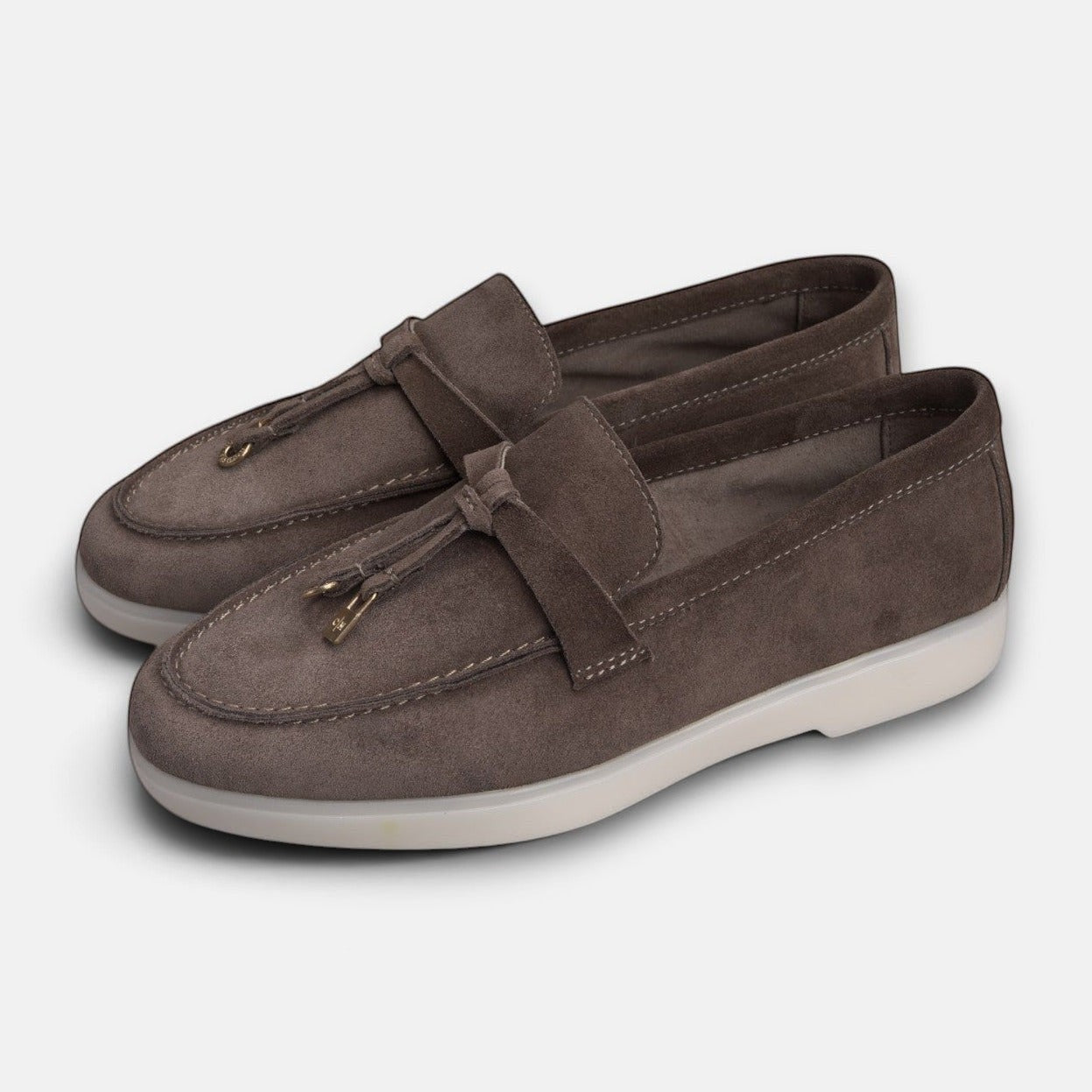 VOLZAK dark taupe suede moccasins with tassel detail and white rubber sole