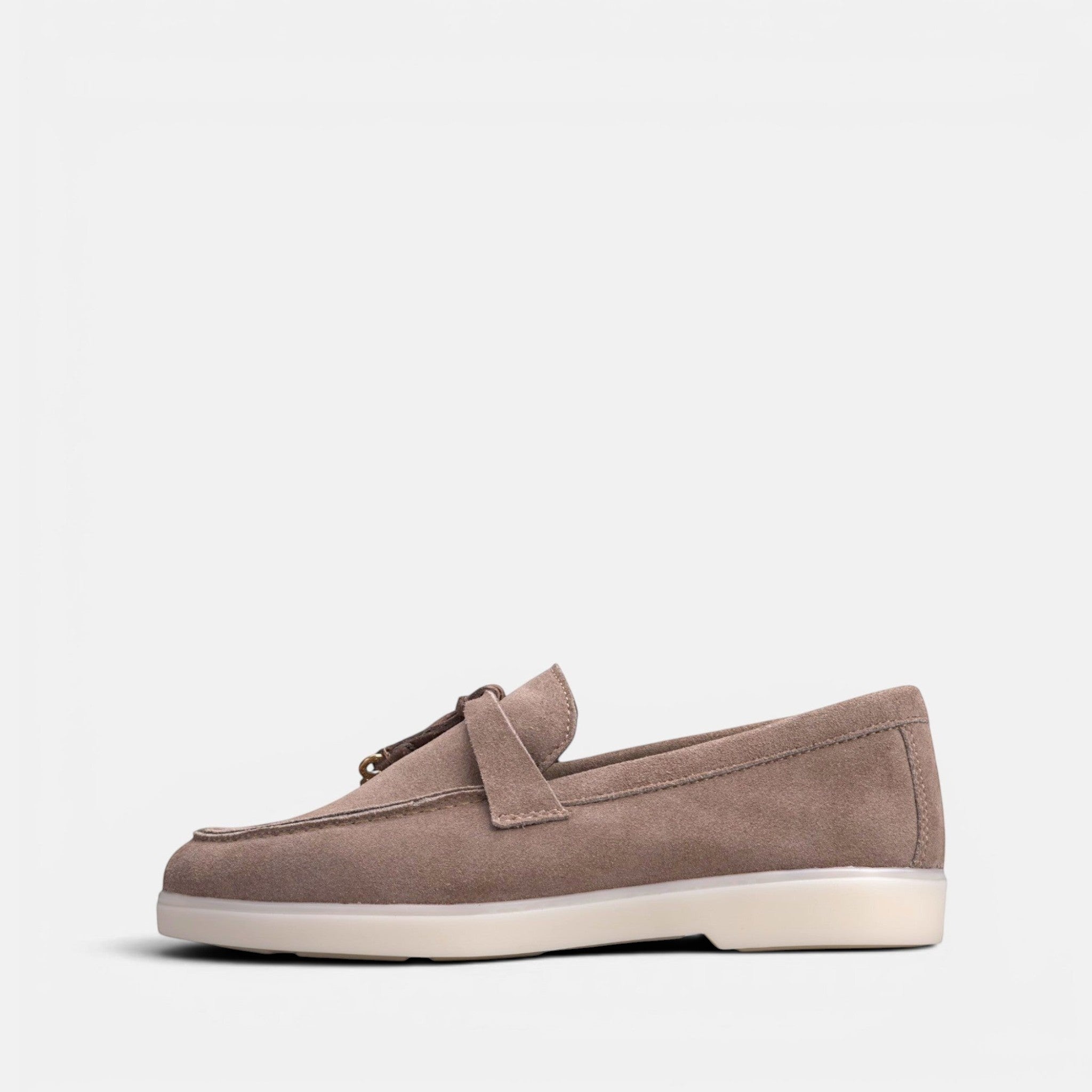 VOLZAK taupe suede moccasin with a leather lining and a durable rubber sole, side view.