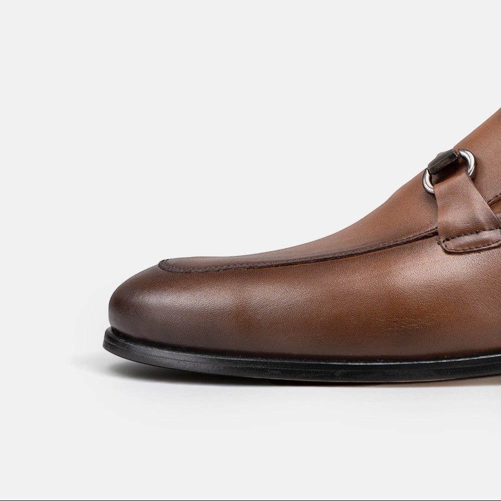VOLZAK vintage brown leather loafer with metal horsebit detail and stitched apron toe