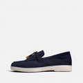 VOLZAK blue suede moccasin with leather lining and white rubber sole, side view