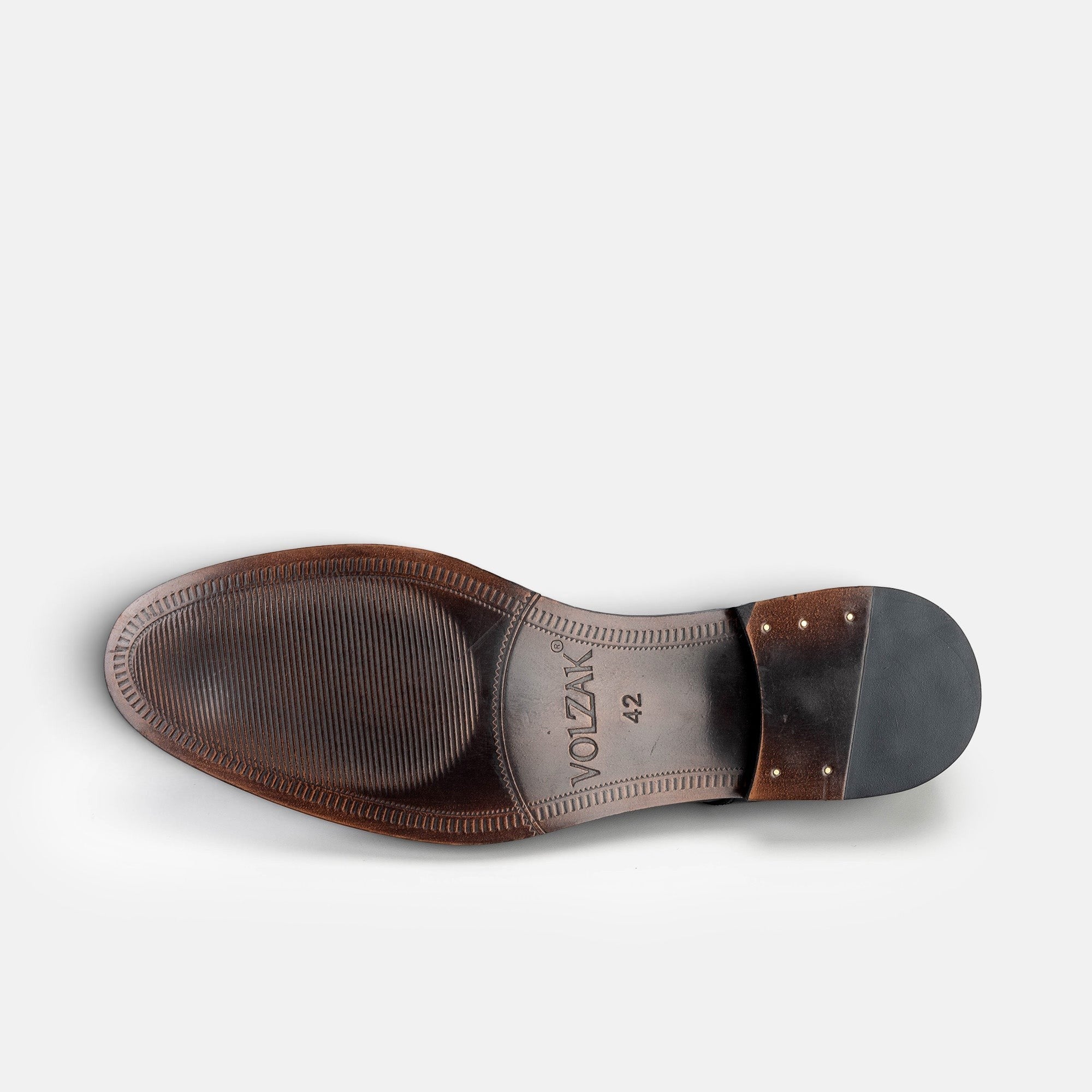 VOLZAK bordeaux leather shoe sole with textured grip and branded heel detail