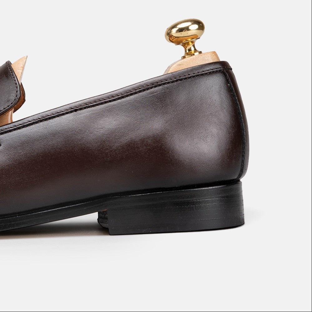 VOLZAK brown leather dress shoe heel detail with wooden shoe tree insert