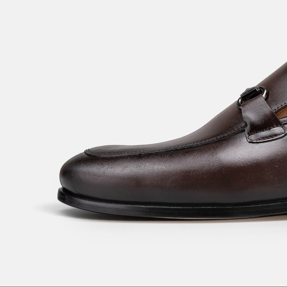 VOLZAK 5434 brown leather loafer with a polished finish and metal buckle detail