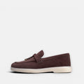 VOLZAK brown suede moccasin with leather lining and a durable rubber sole, side view