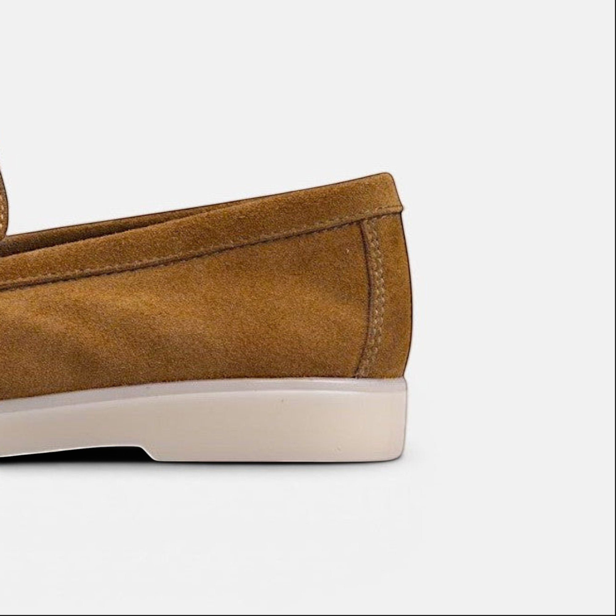 VOLZAK camel suede moccasin featuring a durable rubber sole and soft leather lining, side view