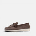 VOLZAK dark taupe suede moccasin with tassel detail and white rubber sole, side view