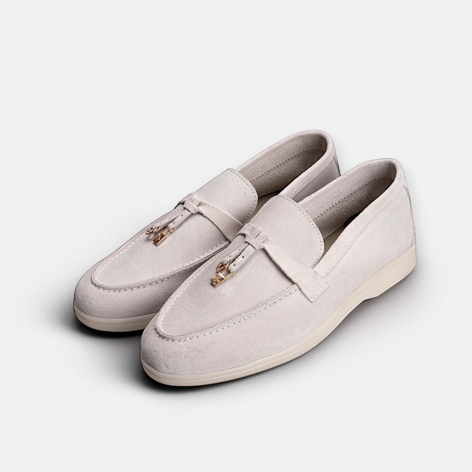 VOLZAK light beige suede moccasins with gold-tone tassel detail and rubber sole