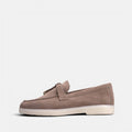 VOLZAK taupe suede moccasin with a leather lining and a durable rubber sole, side view.